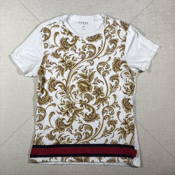 GUESS Women’s Baroque Floral Print T-Shirt White Gold Red Stripe Style M - Picture 1 of 7